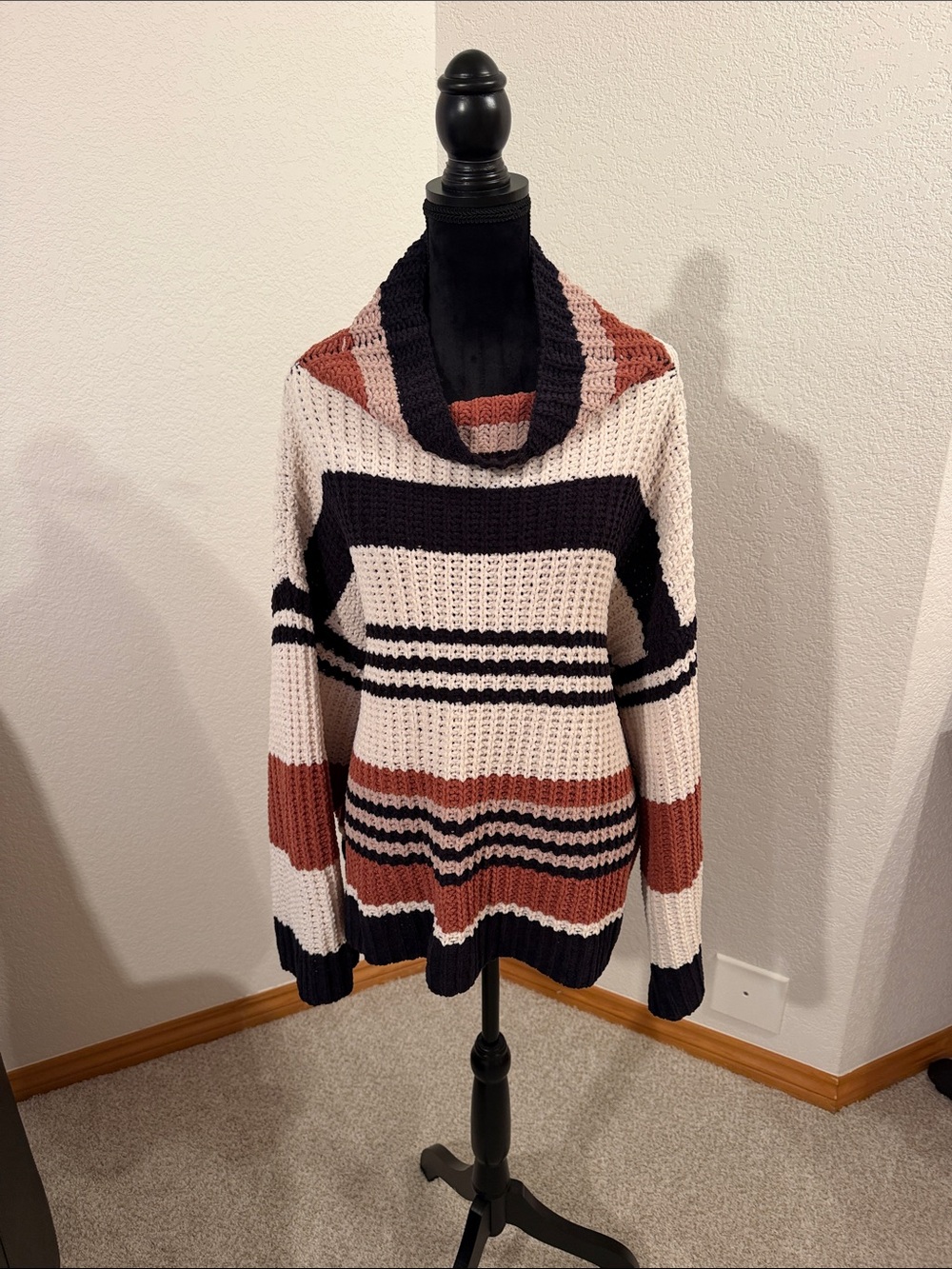 By Together Striped Cowl Neck Sweater in Cream, Black & Rust